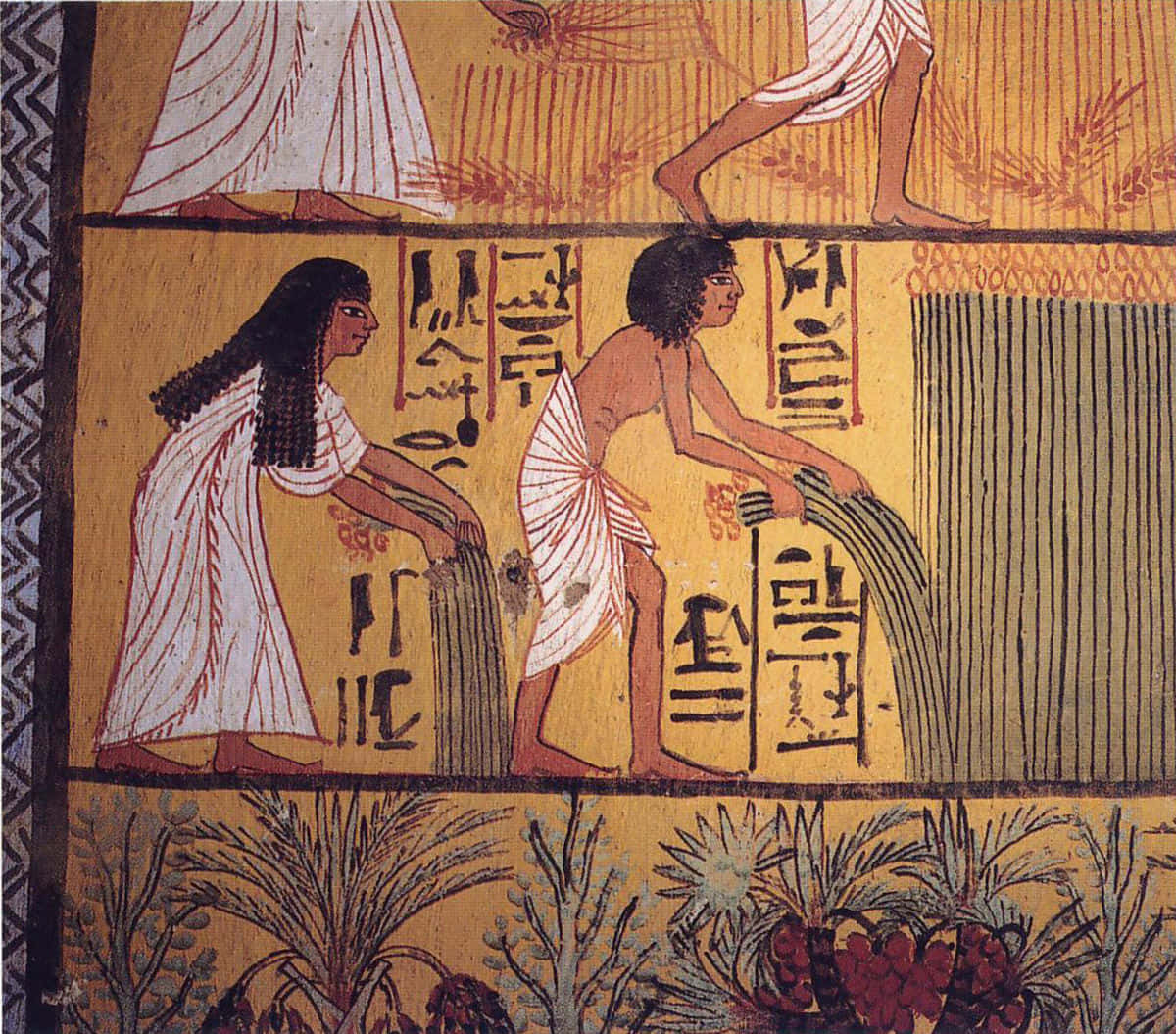 Ancient Egypt 桌布 壁紙 — 古埃及墓室壁畫描繪了兩個人物在金色背景下收割穀物，並帶有象形文字和風格化的植物。