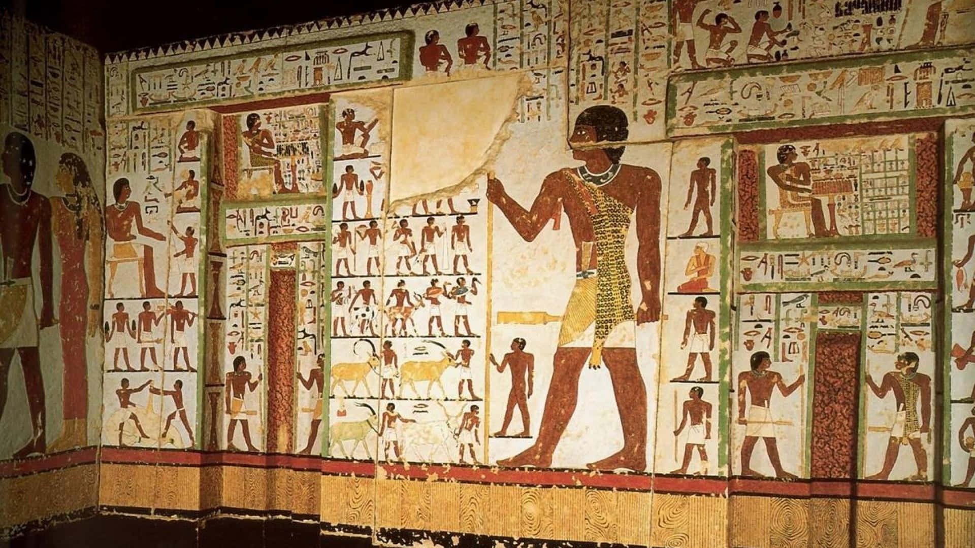 Egypt 桌布 壁紙 — 古埃及墓室牆壁飾以鮮豔的象形文字及以溫暖大地色調繪畫的神祇與儀式人物。
