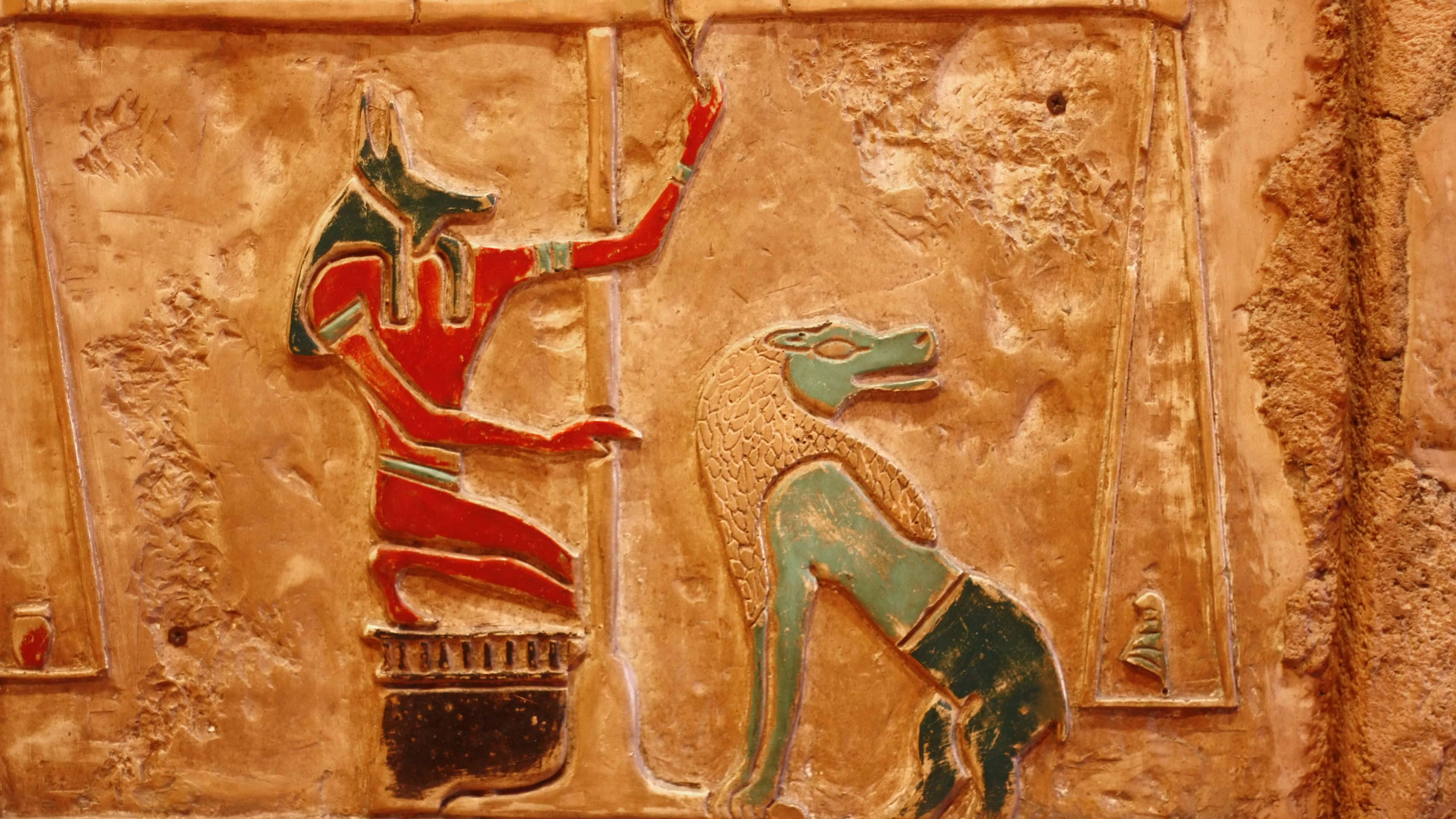 Ancient Egypt 桌布 壁紙 — 古埃及浮雕雕刻描繪了一個紅色擬人神祇，擁有胡狼頭，以及一個綠色犬形圖案，背景為帶有紋理的赭色石頭。