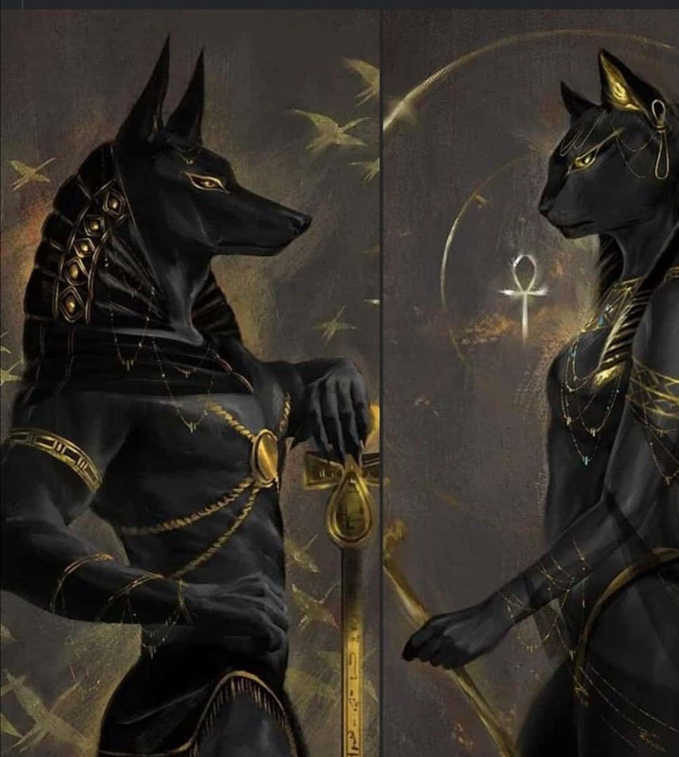 黑色犬科和貓科神祇身著金色埃及服飾，手持帶有神聖符號的權杖。