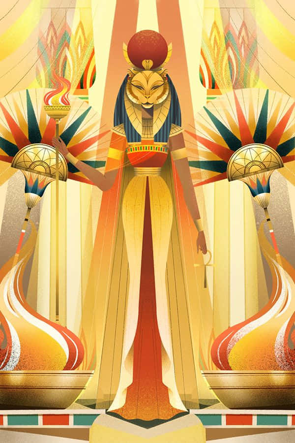 埃及獅頭女神在寺廟中手持火炬
