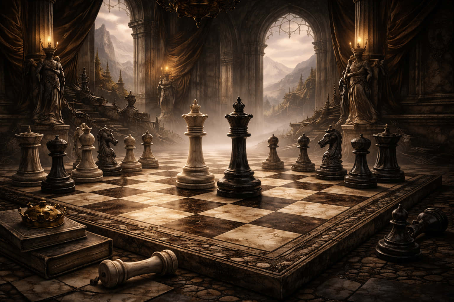 古堡內的棋局 壁紙 — 一個巨大的棋盤，上面有對立的石製棋子軍隊，矗立在宏偉的哥德式大廳中，大廳內有雕像，拱形窗外是霧濛濛的山景。
