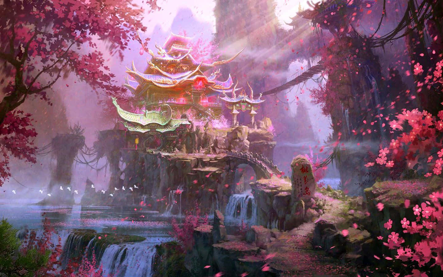 一座發光的寺廟隱藏在神秘森林中的粉紅色櫻花和瀑布之間。