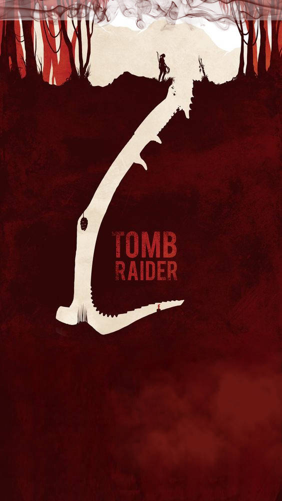 古墓奇兵 iPhone海報 壁紙 — 一位孤獨的冒險家攀爬巨大的白色懸崖，背景是血紅色的森林，並帶有 'Tomb Raider' 文字。