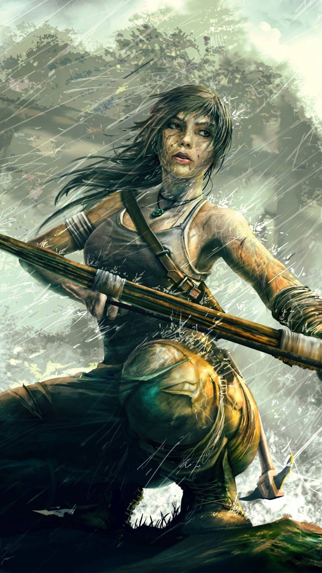 一位在雨淋森林中手持長矛的女戰士。