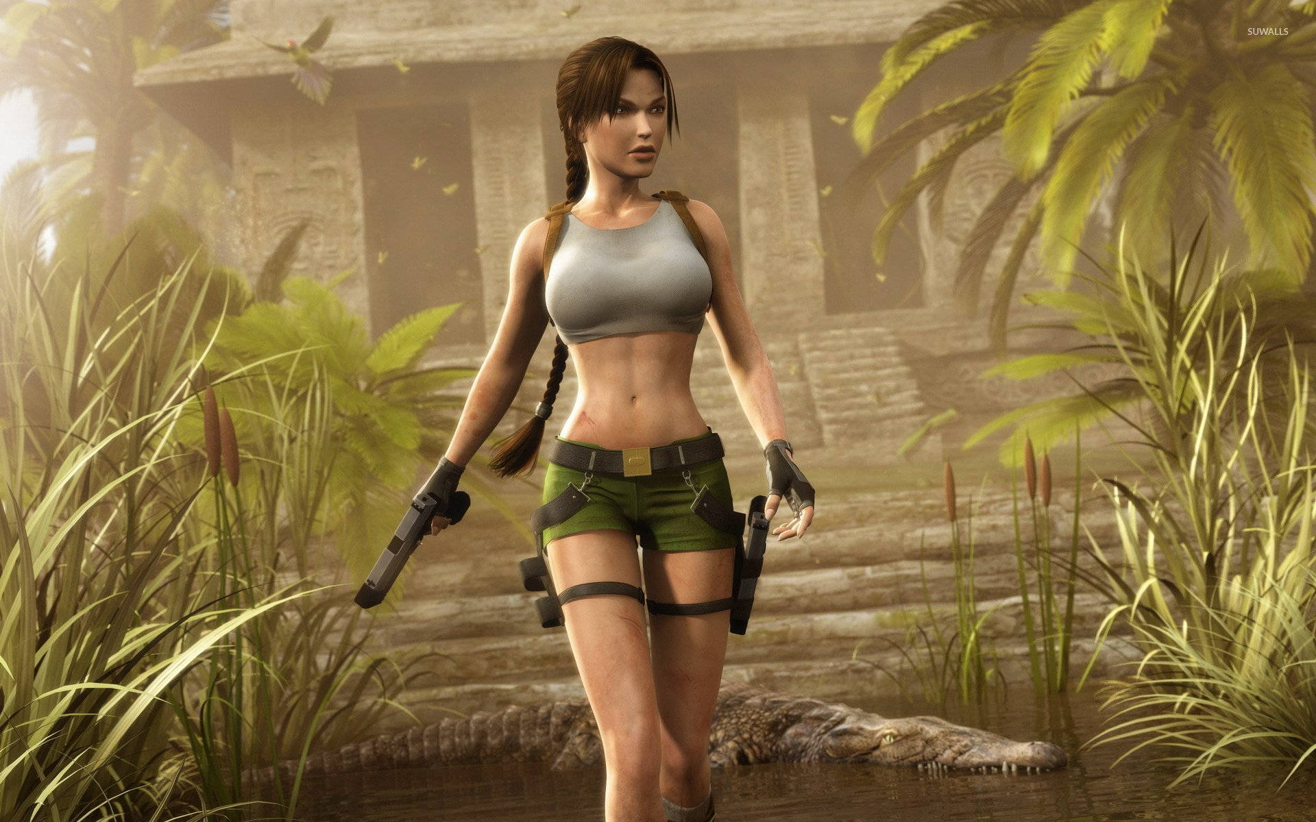 Lara Croft 在叢林中與鱷魚和遺跡