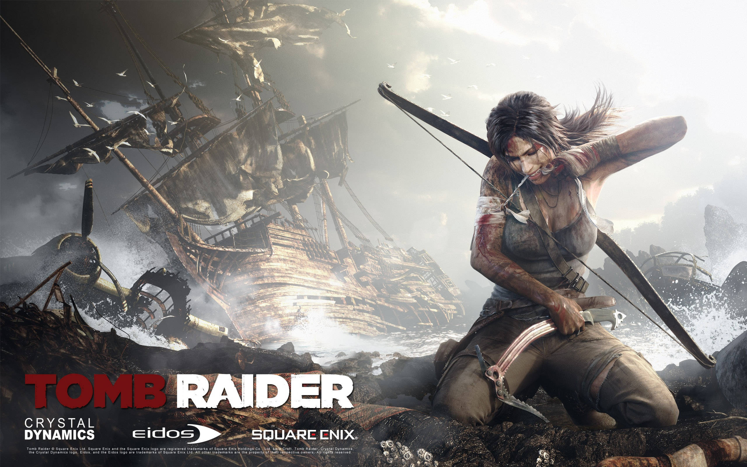 古墓奇兵9 蘿拉克羅夫特為手臂傷口包紮 壁紙 — 一個兇猛的 Tomb Raider 戰士在暴風雨的海中一艘沉船的殘骸中拉弓。