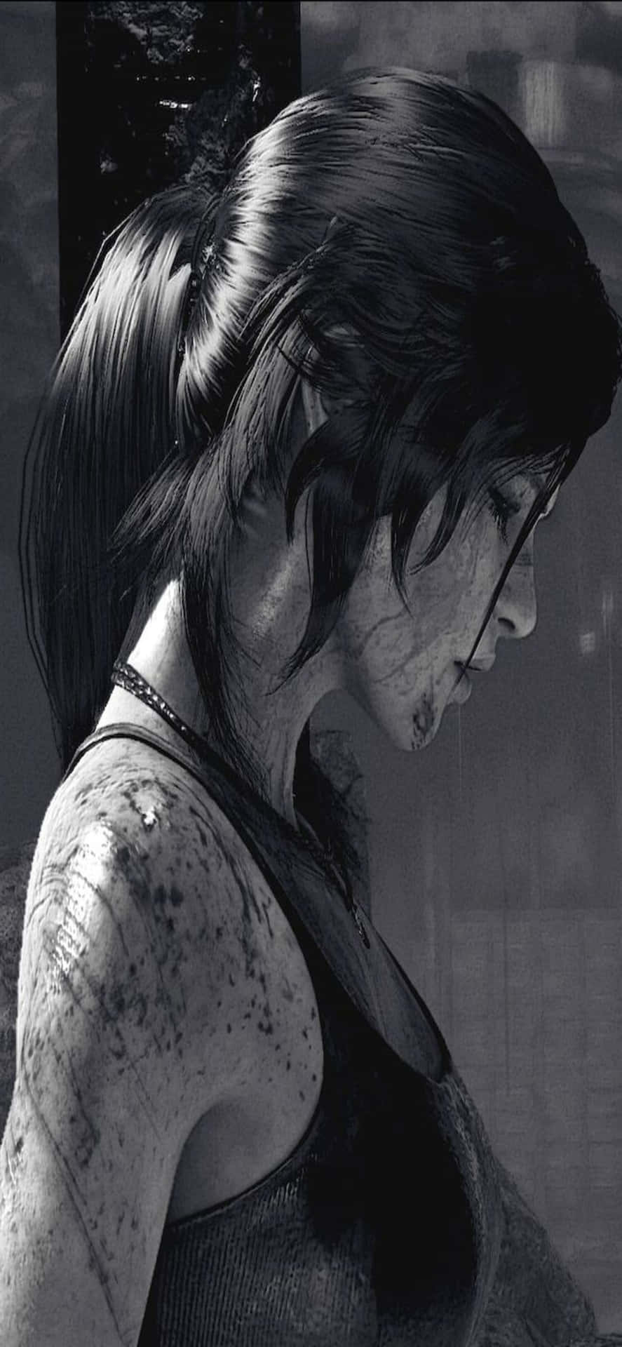 一個骯髒的女人側面低頭，神情憂鬱。