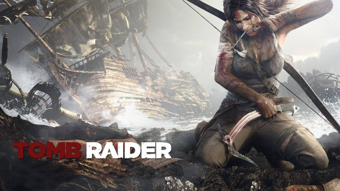 古墓麗影：克羅夫海戰傷勢 壁紙 — 一位堅毅嘅 Tomb Raider 女主角喺暴風雨中嘅沉船旁邊拉弓。