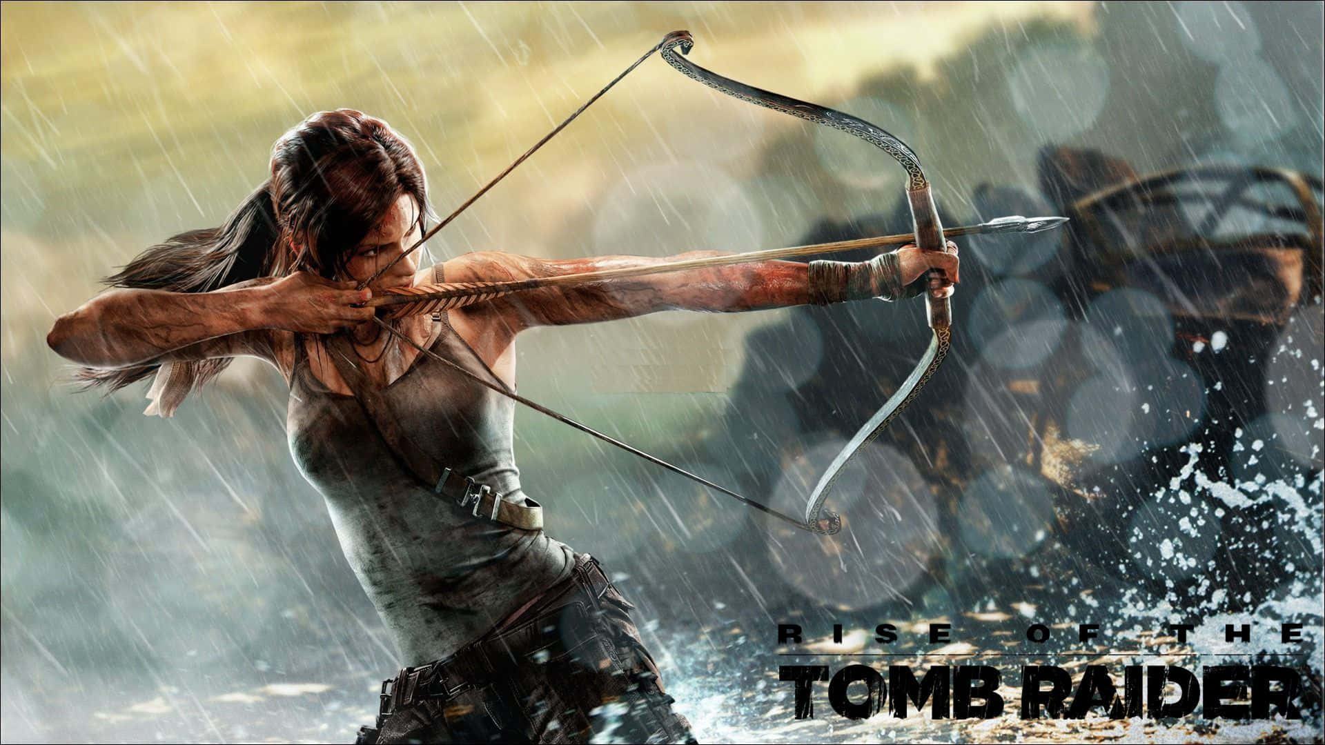 Lara Croft 在《Rise of the Tomb Raider》的雨中戰鬥場景中瞄準弓箭。