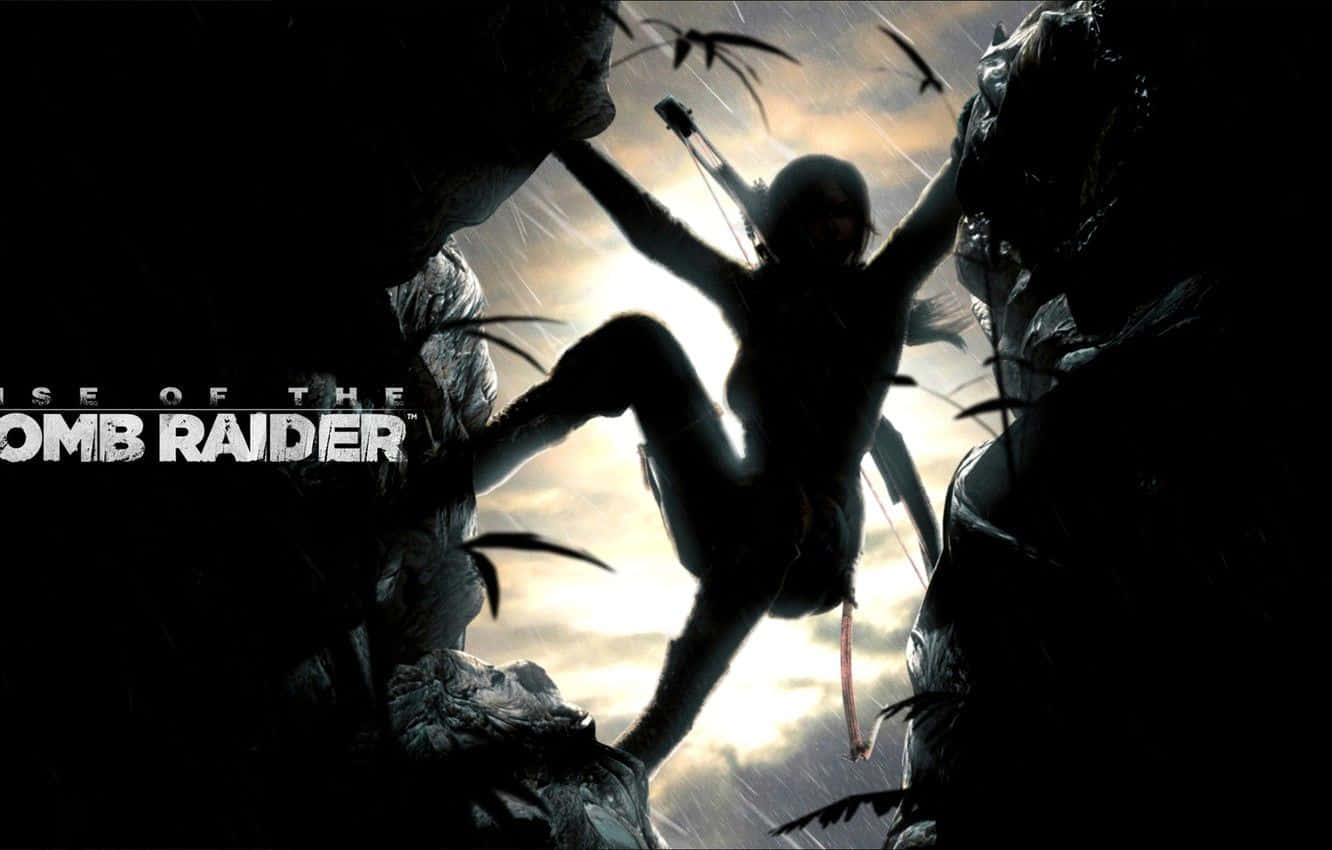 Tomb Raider 角色喺日落時分攀爬懸崖，雀仔喺頭頂飛過。