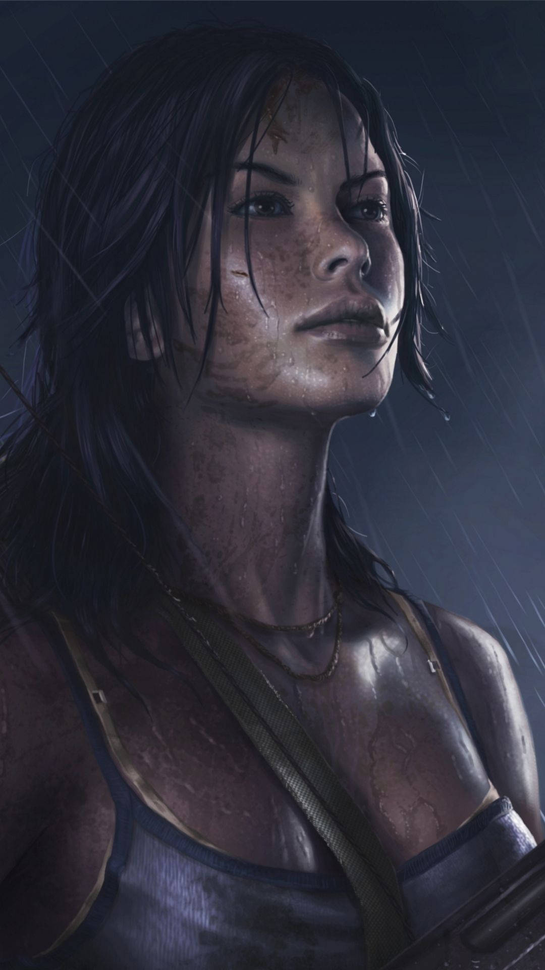 《古墓麗影》性感勞拉 iPhone 壁紙 — 一個被雨淋濕、深色頭髮、臉上沾滿污垢的女人，在昏暗的氛圍中向上凝視。