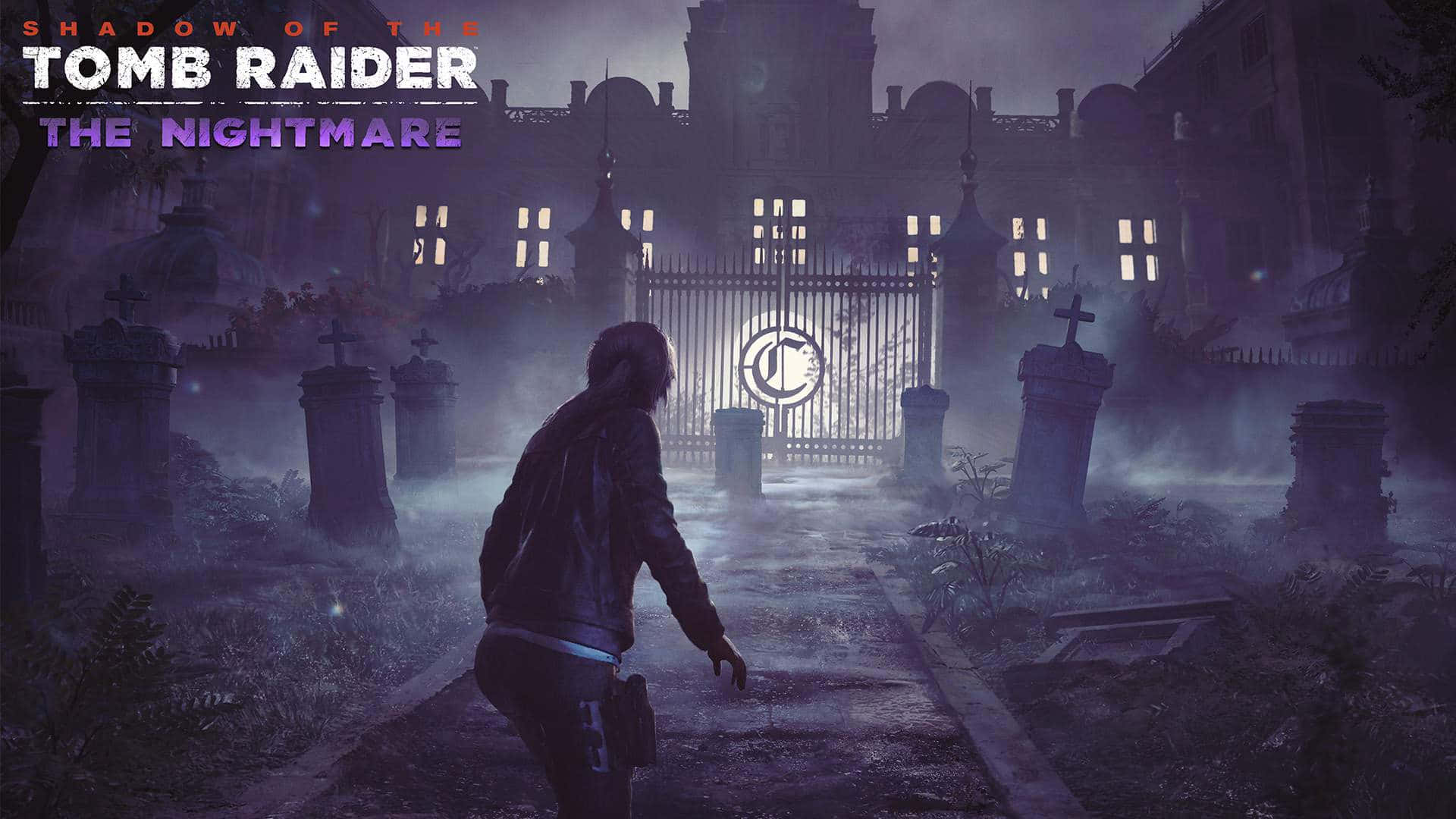 Tomb Raider 角色在夜晚的霧氣墓地中走向鬼屋大門。