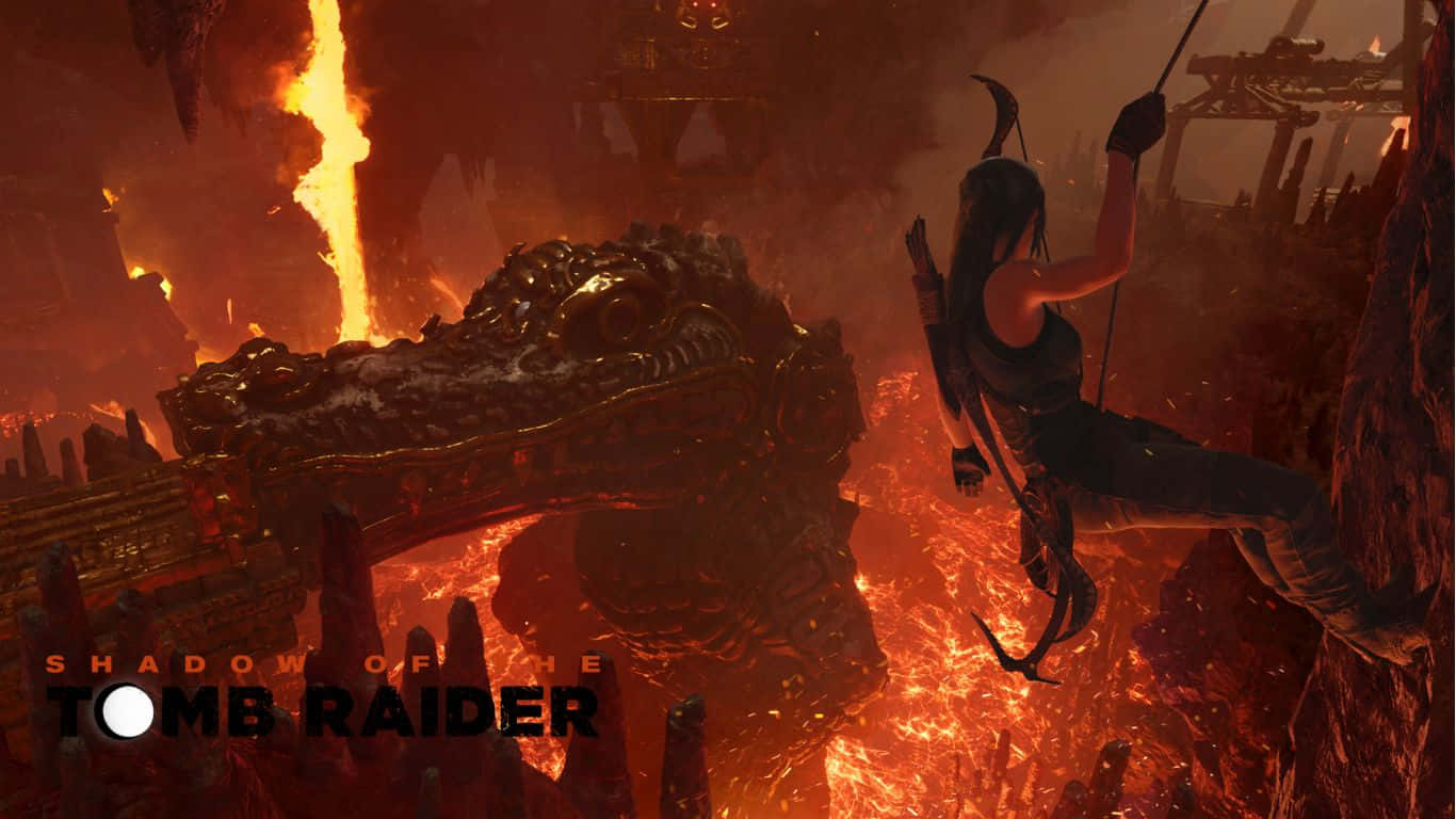 Tomb Raider 在熾熱廢墟中，於龍頭下方盪過充滿熔岩的裂縫。