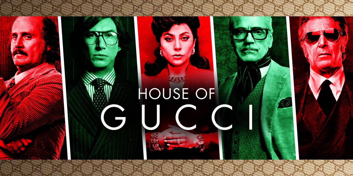 《GUCCI名門望族》電影海報，以紅綠色調呈現五個角色。 — 古奇家族 壁紙