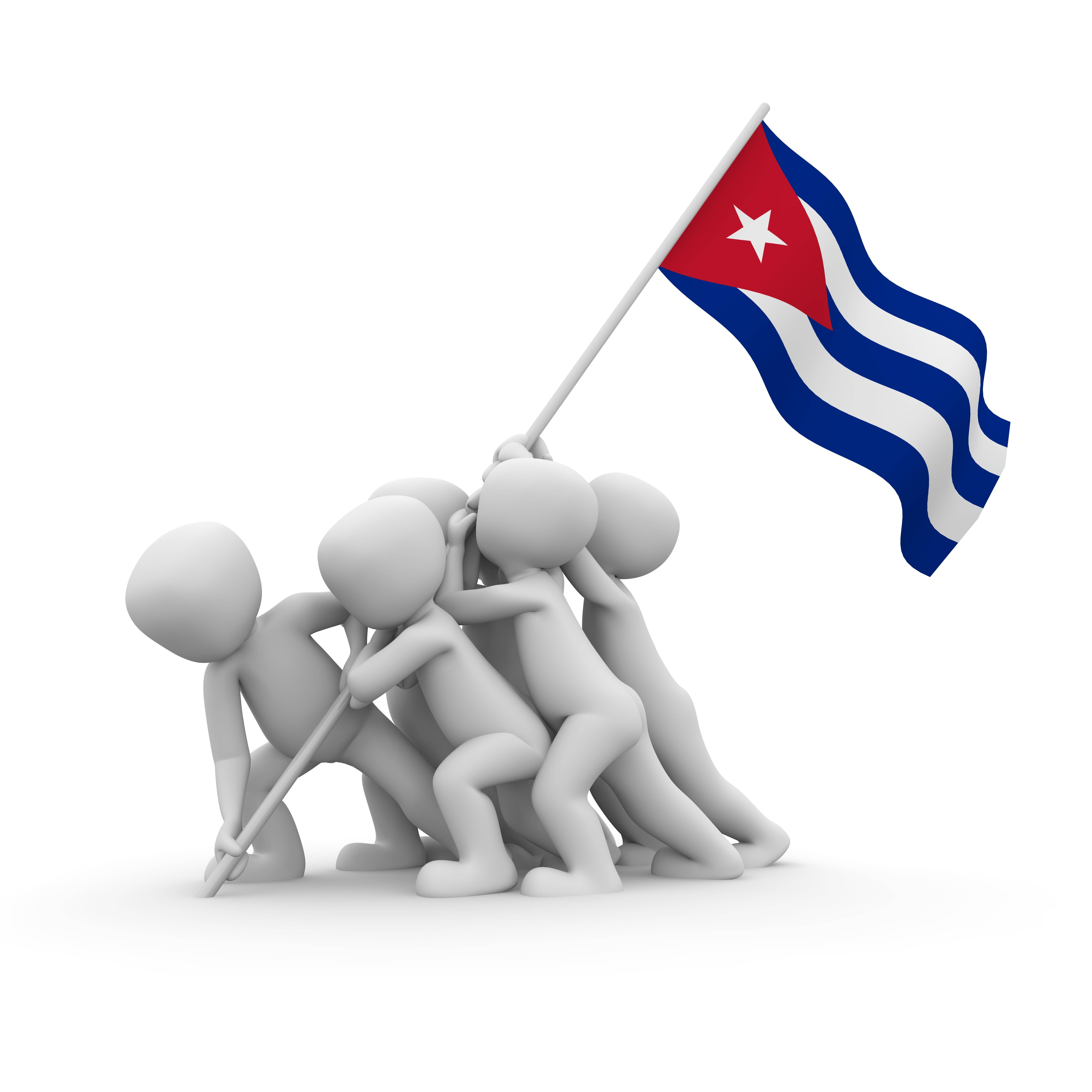 古巴國旗愛國團結 壁紙 — 灰色3D人物在白色背景上團結一致地舉起飄揚的古巴國旗。