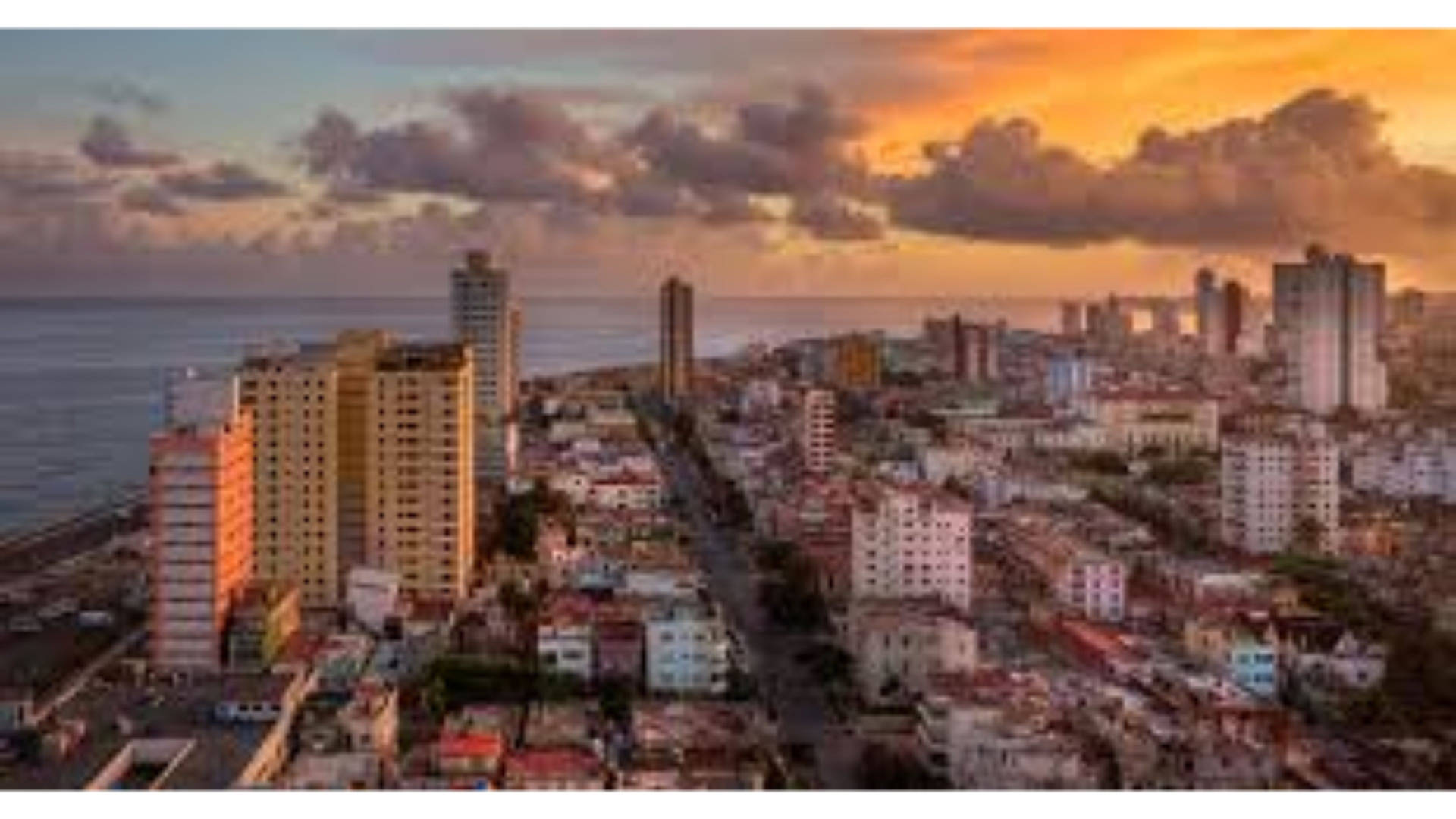 沿海城市天際線沐浴在金色夕陽中，背景是海洋。