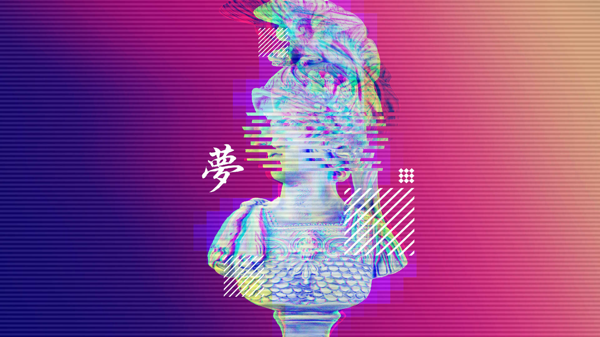 古希臘戰士頭像蒸汽波桌面 壁紙 — 一個帶有日本漢字的故障古典半身像漂浮在充滿活力的紫色到粉紅色漸變背景上。