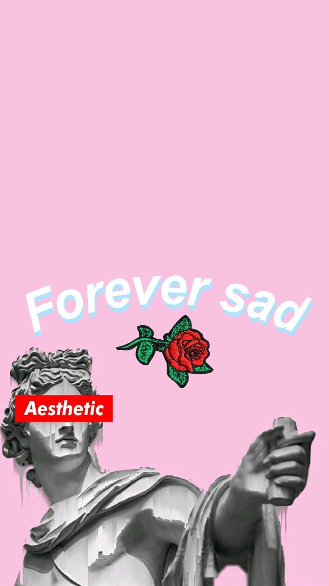 古典雕像手持紅玫瑰及文字 forever sad 在粉紅色背景上