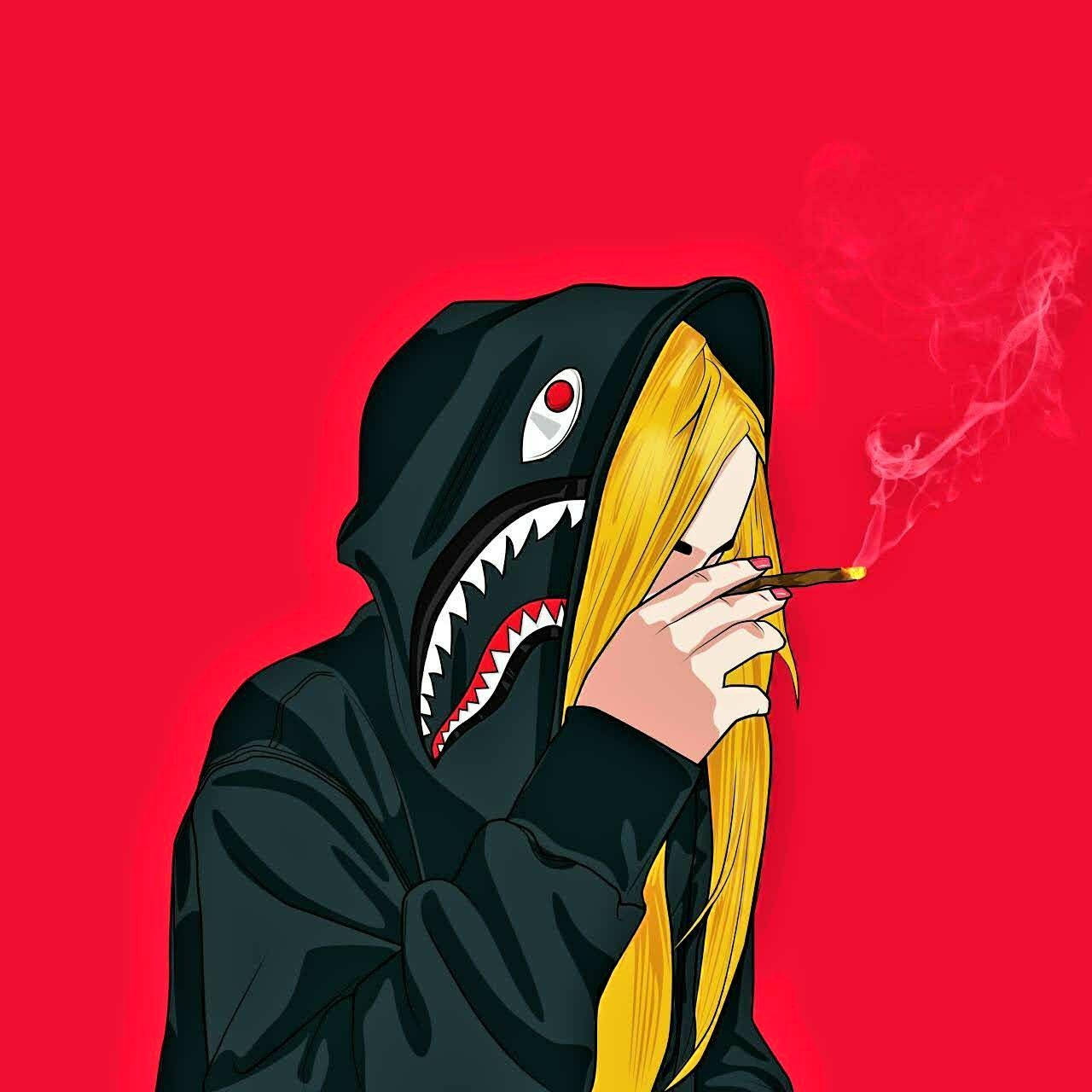 金發動漫女孩穿著鯊魚連帽衫在紅色背景前抽大麻煙。