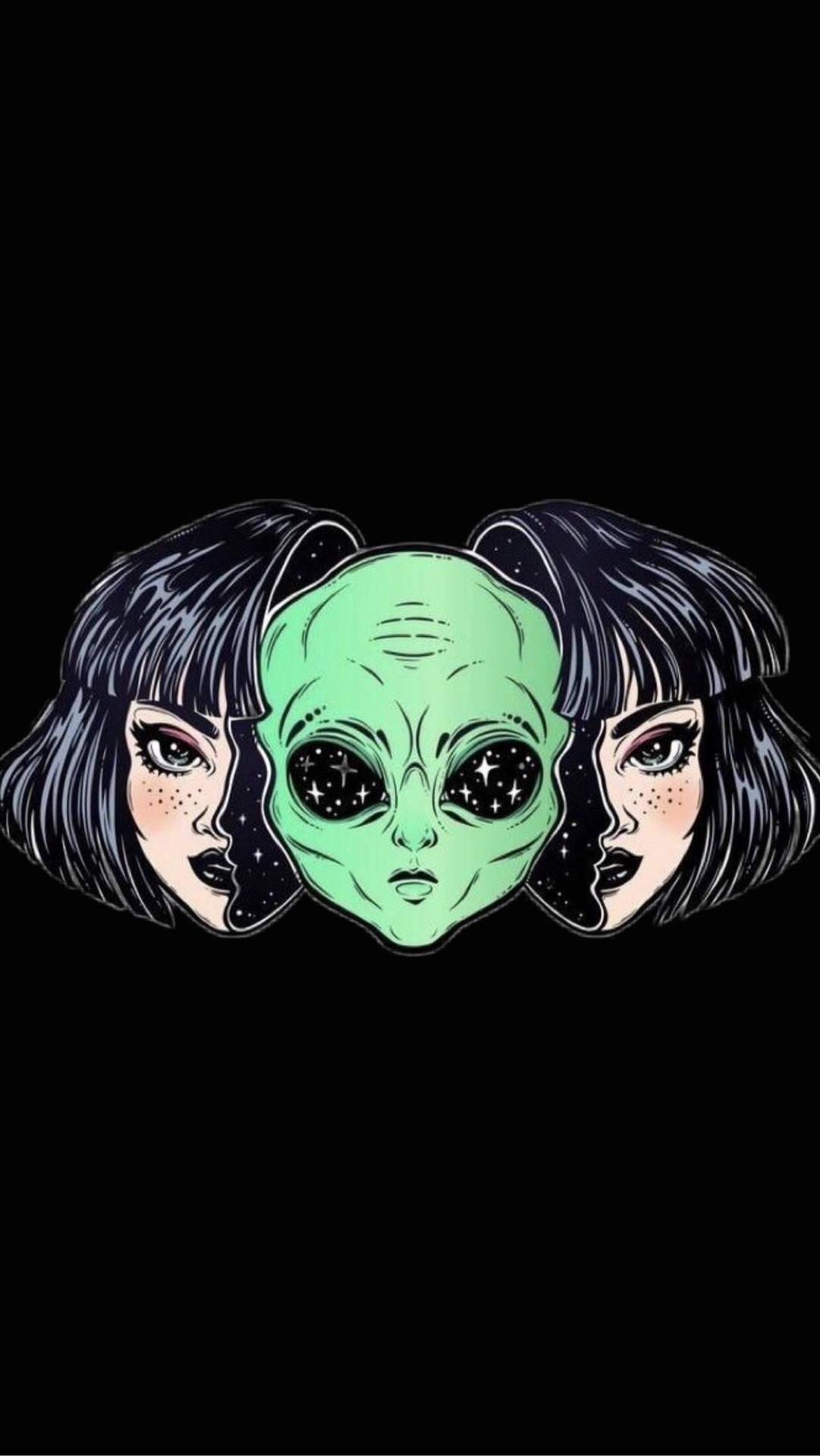 帶有星星眼睛的外星人頭部，兩側是兩個相同的人類面孔。