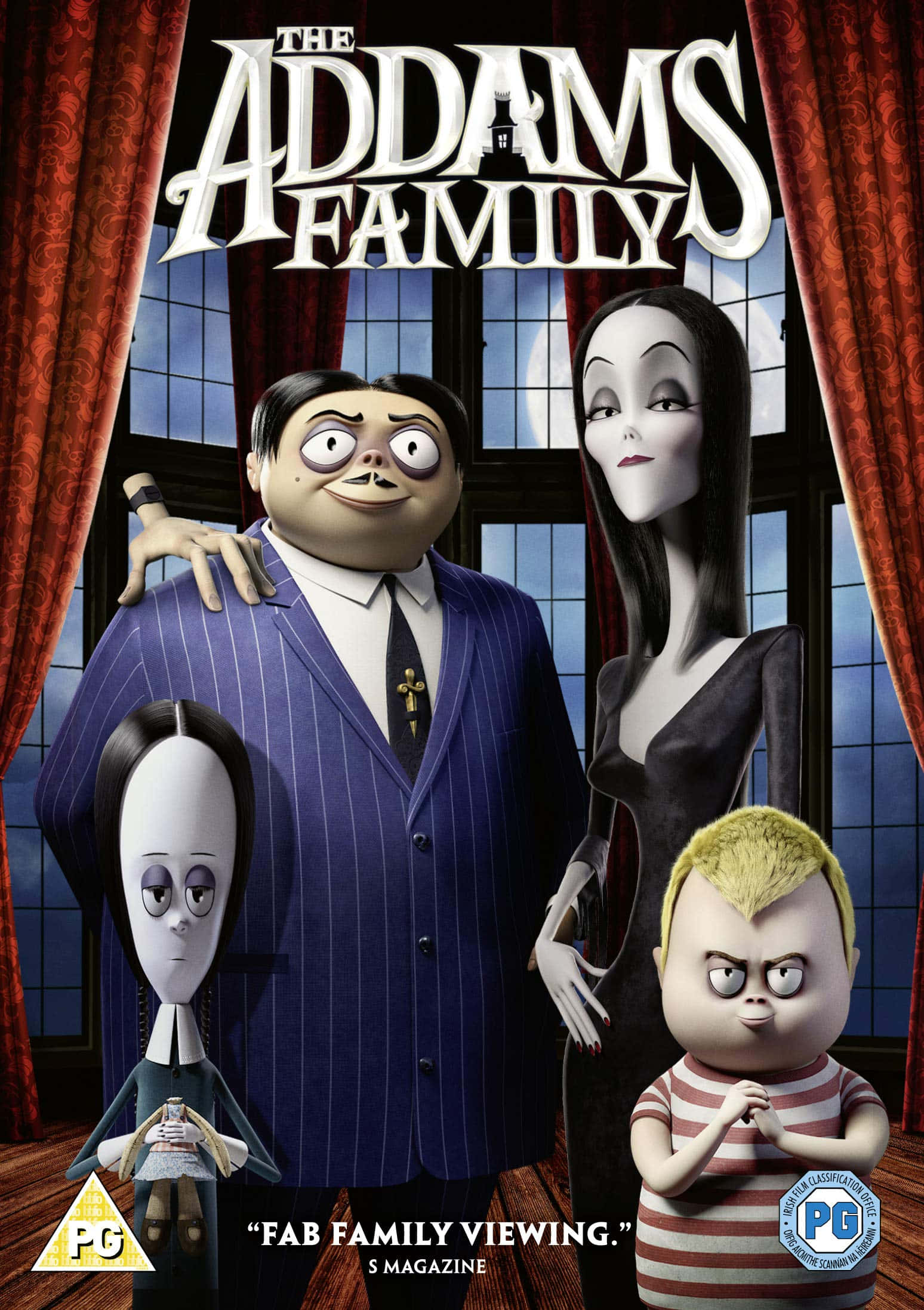 古怪的Addams家族 壁紙 — 阿達一族卡通角色在滿月下，於紅色窗簾的哥德式窗戶前一起擺姿勢。
