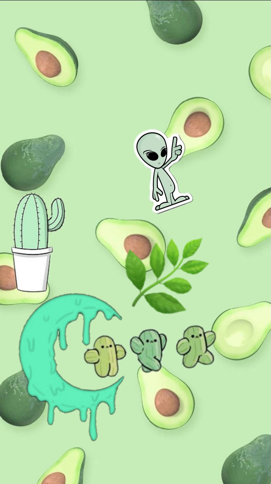卡通外星人和仙人掌散落在切片牛油果之間，背景是薄荷綠色。