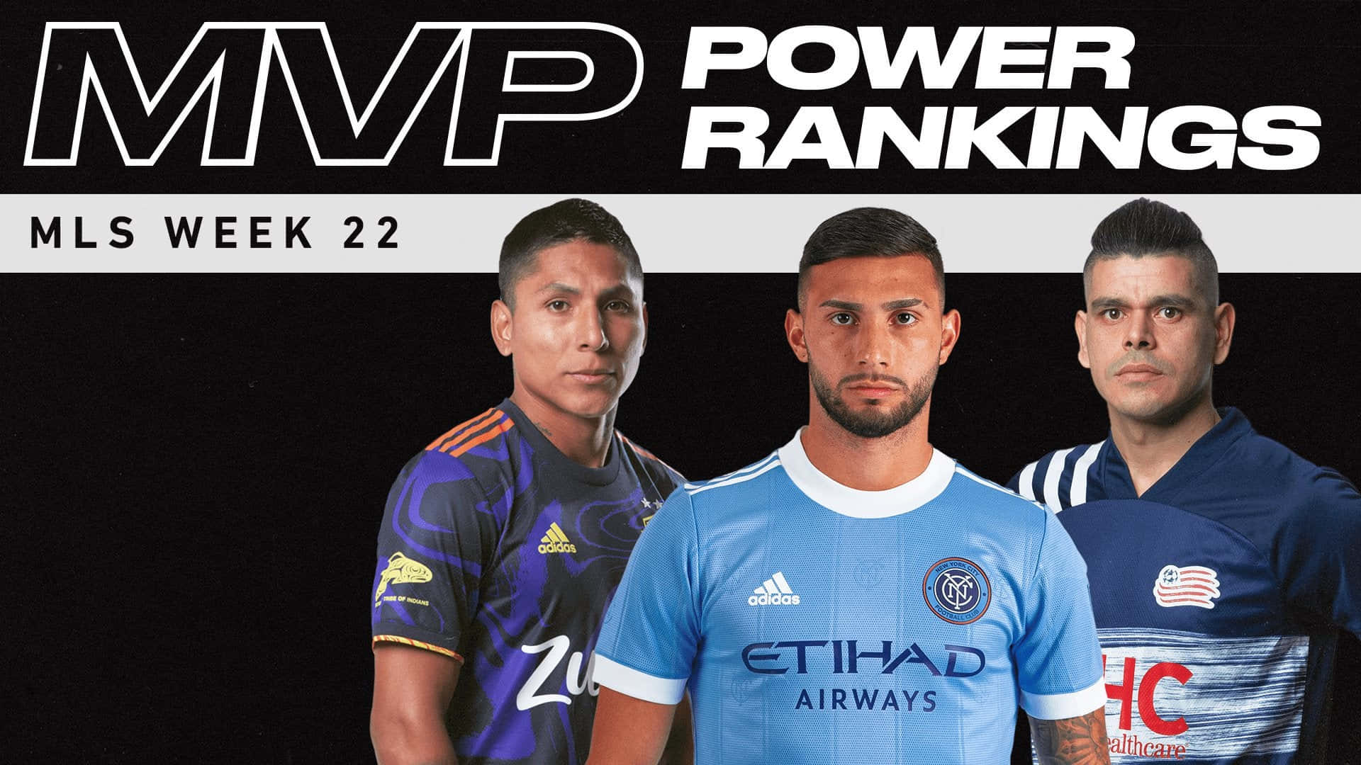 三名男性足球運動員穿著球隊球衣，在 MVP Power Rankings 文字下方。