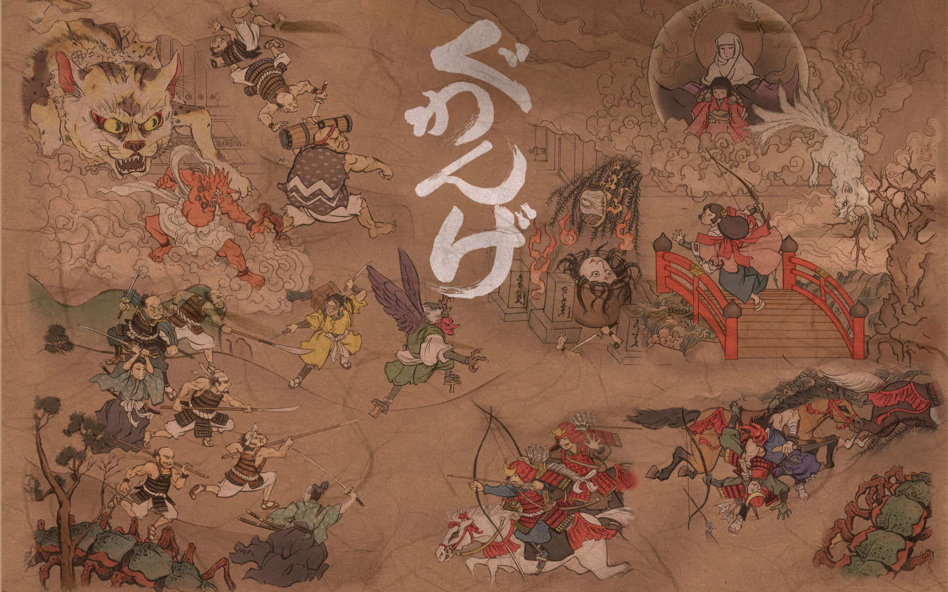 古日式寺廟 壁紙 — 一個混亂的日本浮世繪風格戰鬥場景，武士戰士在紅色橋上與惡魔和神話生物戰鬥。