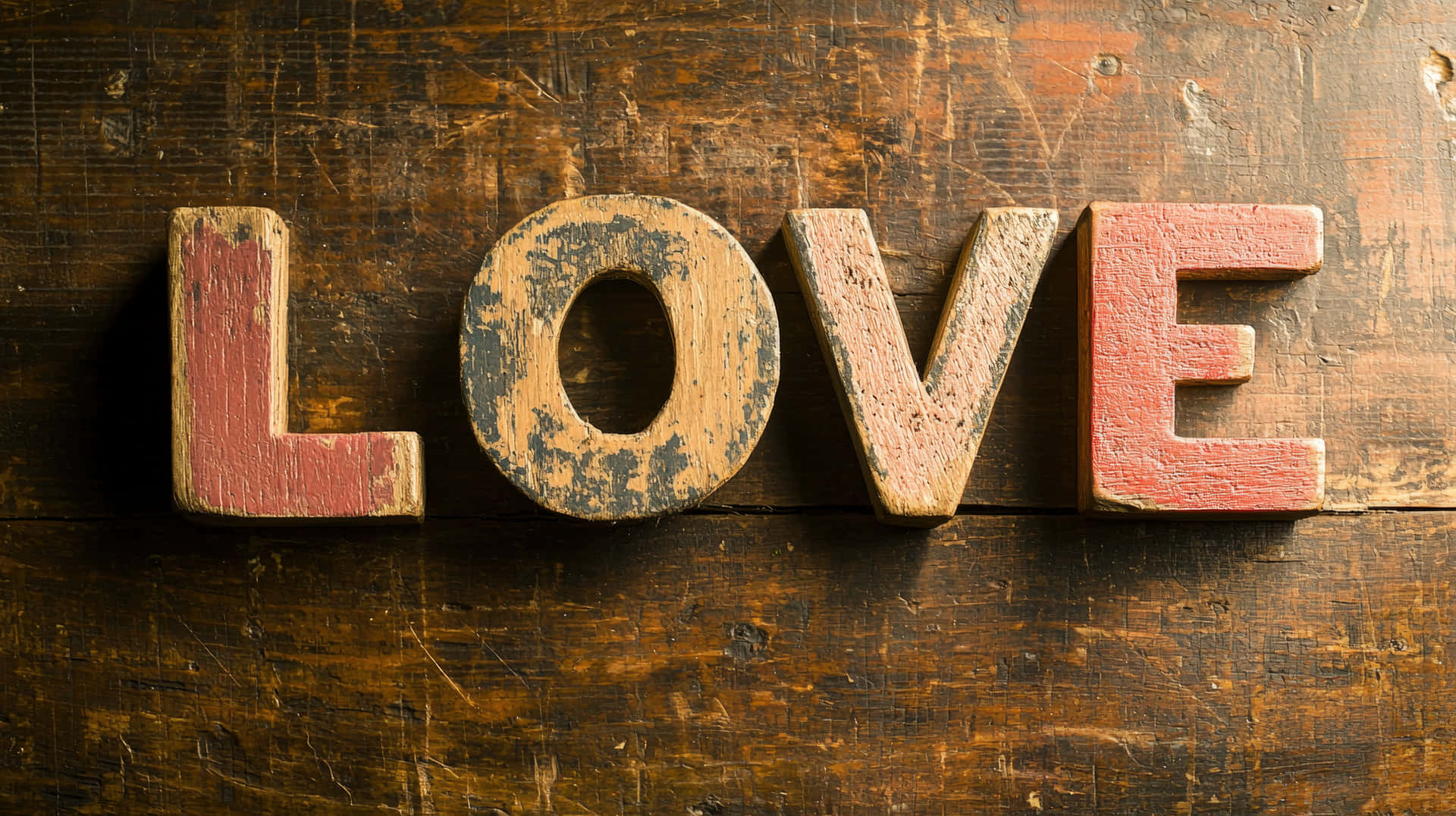磨損的木製字母拼出love在深色鄉村風格的桌面上。