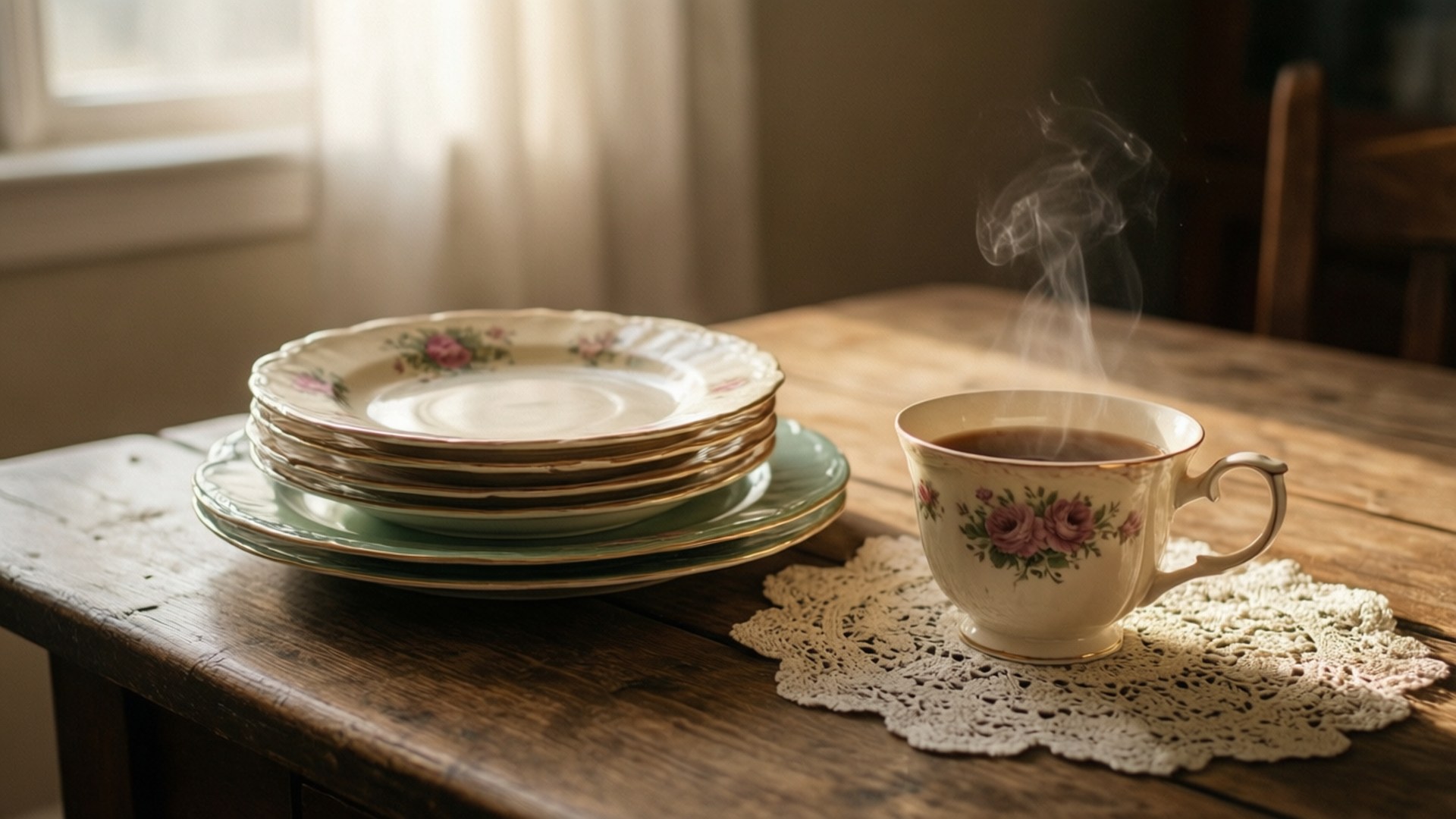 冒煙的茶杯和花卉圖案的碟子放在陽光照射的窗戶旁的木桌上。