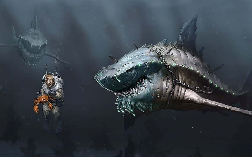 一名潛水員帶著螃蟹在黑暗的深海與巨型裝甲鯊魚對峙。
