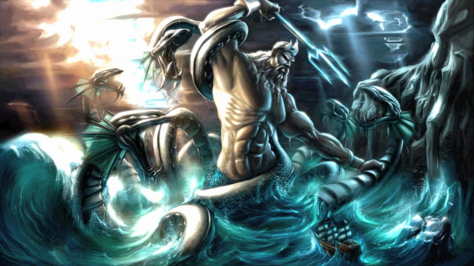 海神在暴風雨的海洋中用發光的三叉戟與蛇搏鬥