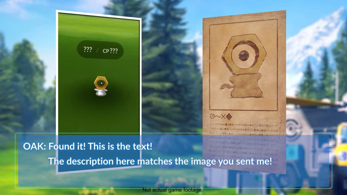 古籍插圖呈現寶可夢 Meltan 壁紙 — 遊戲介面顯示一個精靈球和一個六角形單眼寶可夢的圖鑑條目，背景是明亮的森林。