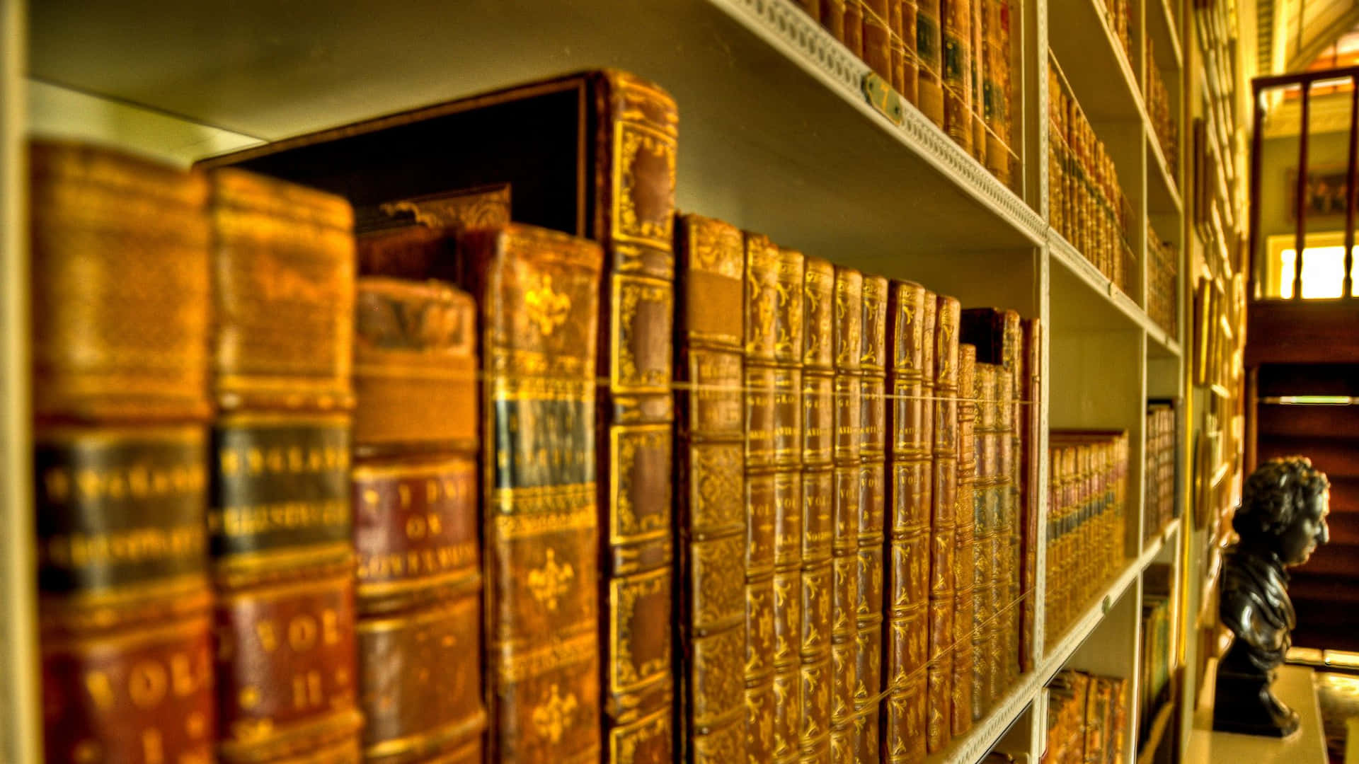 一排排帶有金色細節的古董書籍在圖書館書架上，背景中有一尊半身像。