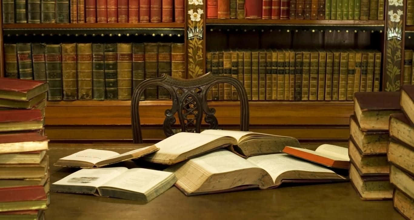 一張木椅被打開和堆疊的書籍包圍在經典的圖書館環境中。