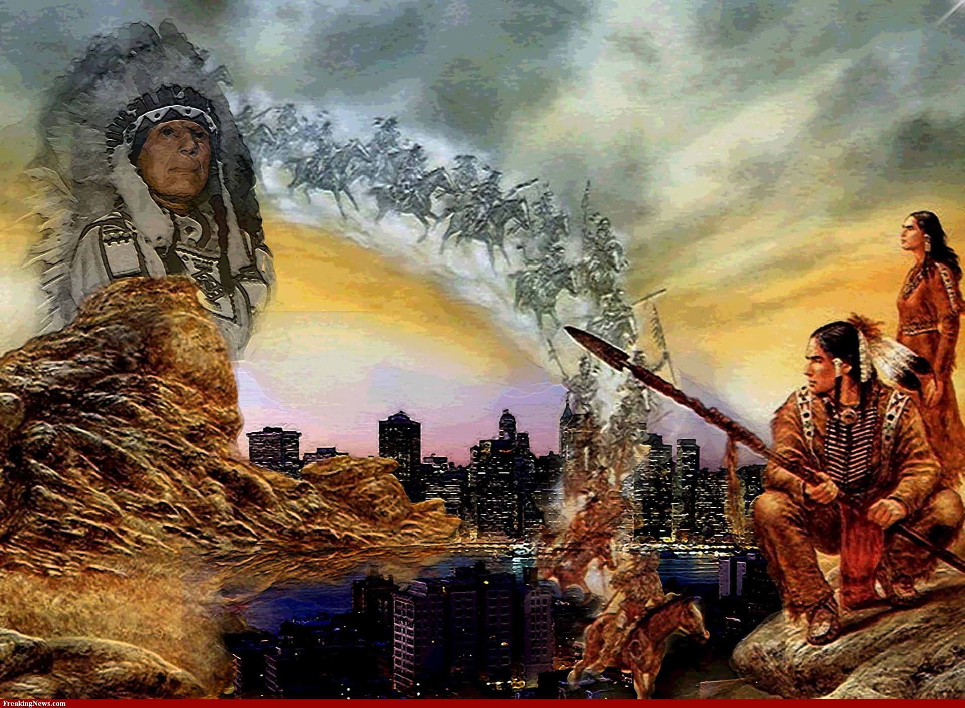 美洲原住民戰士和領袖在黃昏時分歷史與現代城市景觀的超現實混合中。