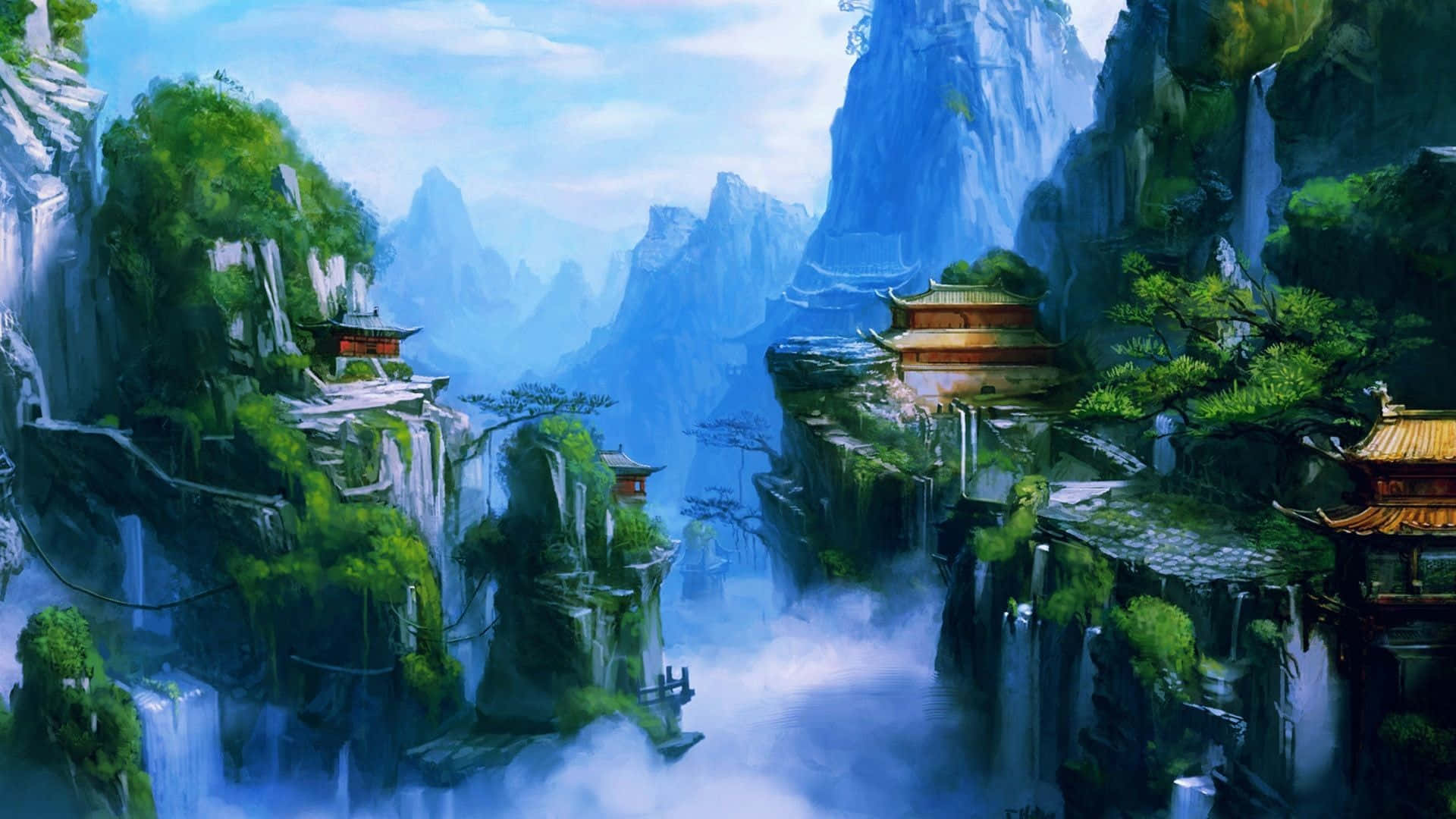3d Forest 桌布 壁紙 — 古老的東方寺廟坐落在霧氣繚繞的懸崖頂峰，周圍是層疊的瀑布和茂密的綠植，映襯著柔和的藍天。