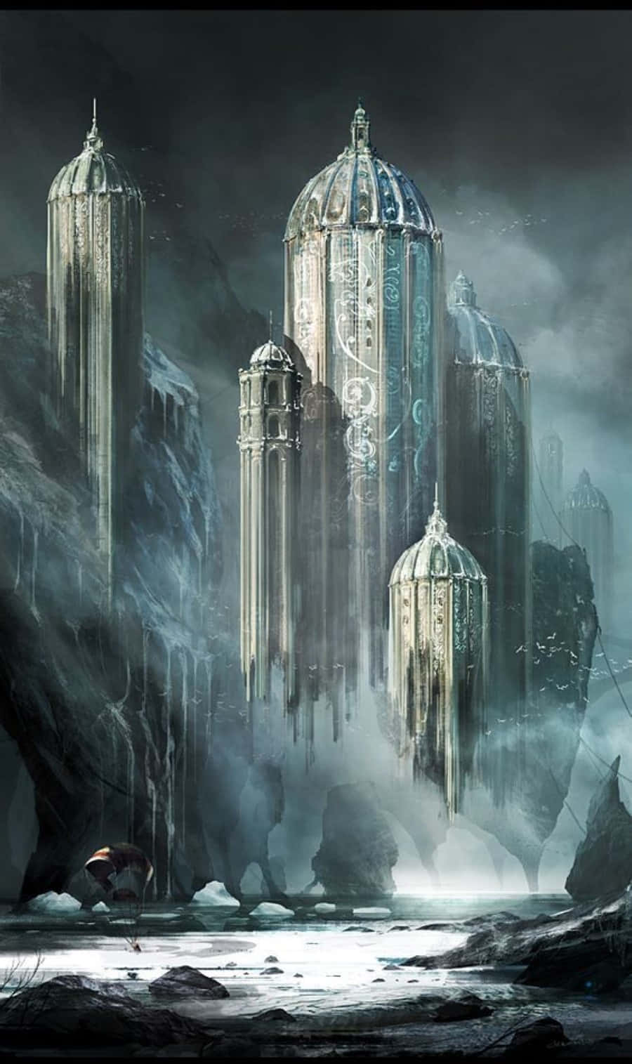 Dark Realm 桌布 壁紙 — 古老的水晶塔從霧氣籠罩的懸崖上升起，一個孤獨的身影在下方淺水中行走。