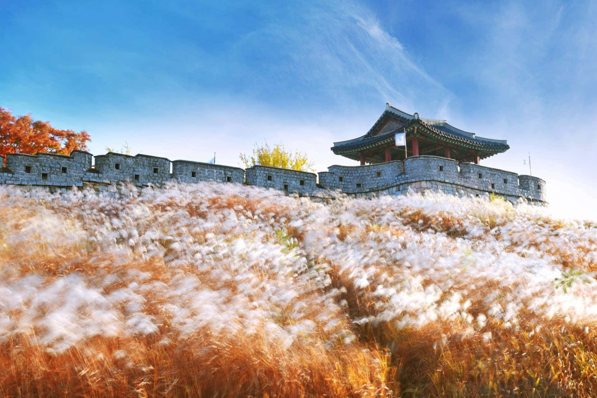 South Korea 桌布 壁紙 — 古老的石頭堡壘，帶有傳統屋頂，坐落在覆蓋著金色秋草的山丘頂上，在清澈的藍天下。