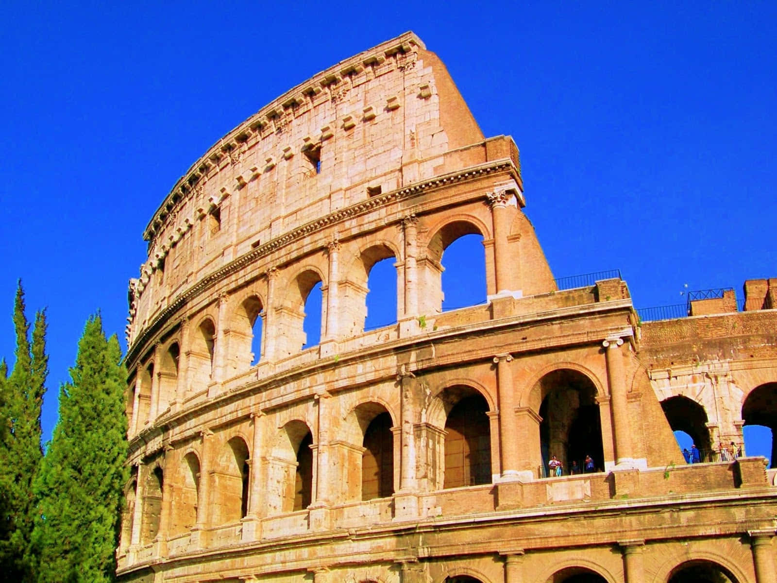 Roman 桌布 壁紙 — 古老的羅馬鬥獸場在充滿活力的藍天下雄偉地矗立，旁邊有高大的綠色柏樹，襯托著風化的石拱門。