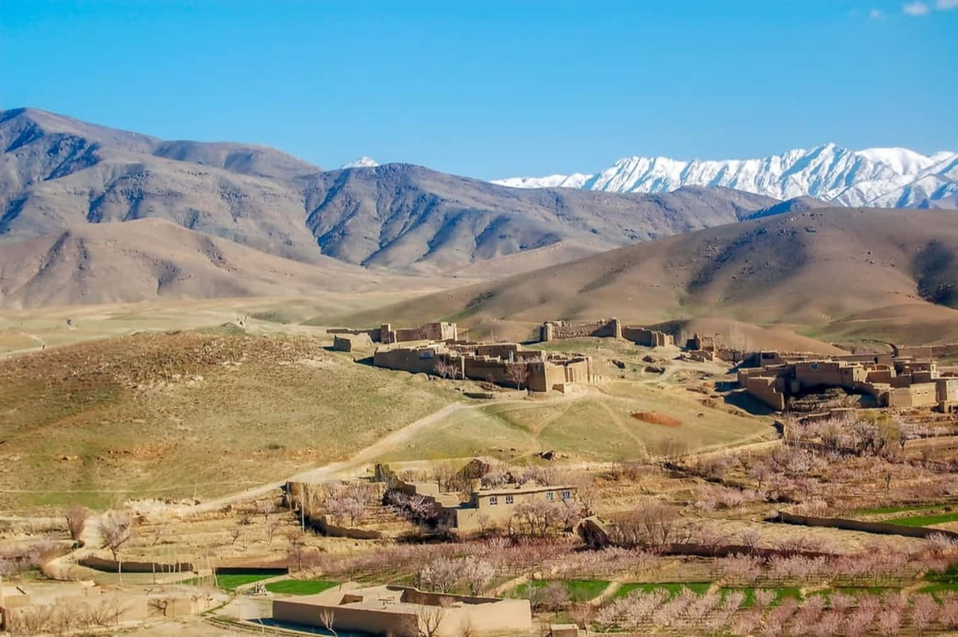 Afghanistan 桌布 壁紙 — 古老石堡壘矗立於乾旱山丘上，背後有白雪覆蓋的山峰在清澈藍天下聳立。