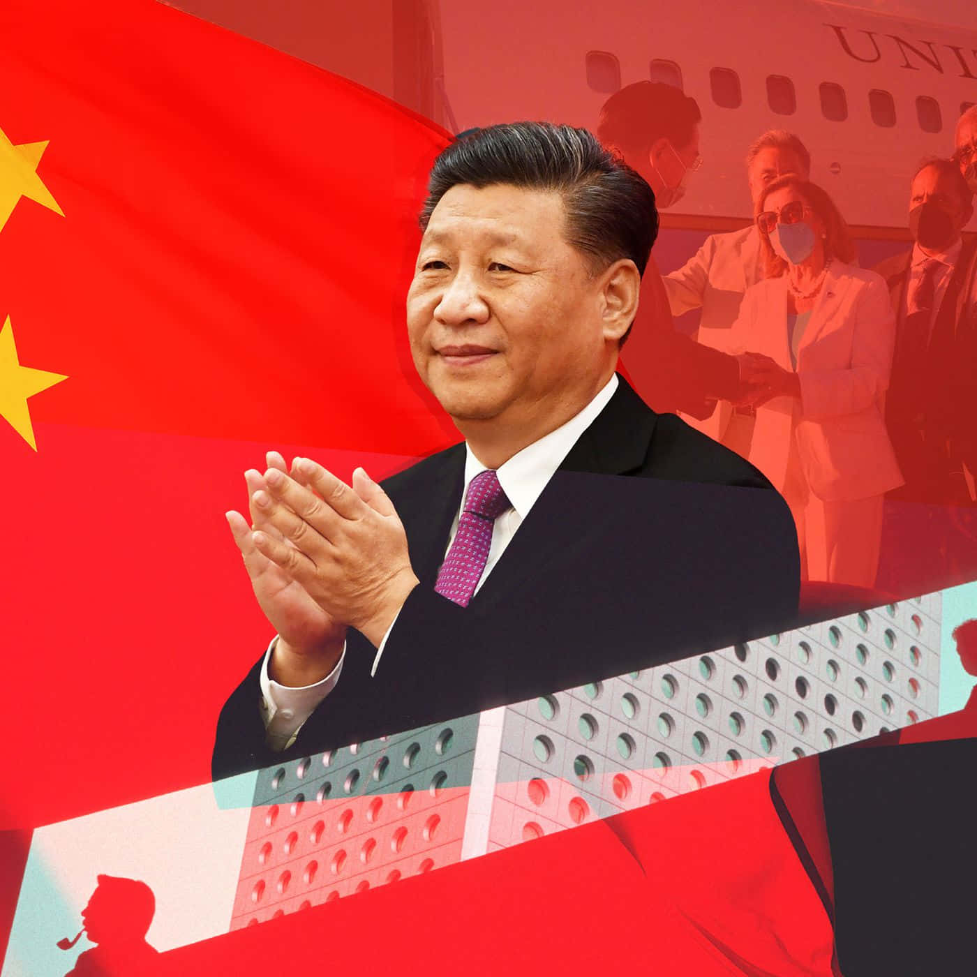 古色古香的中國傳統建築與寧靜天空 壁紙 — 一名身穿西裝的男子在鮮紅色背景前鼓掌，背景中有中國國旗和飛機。