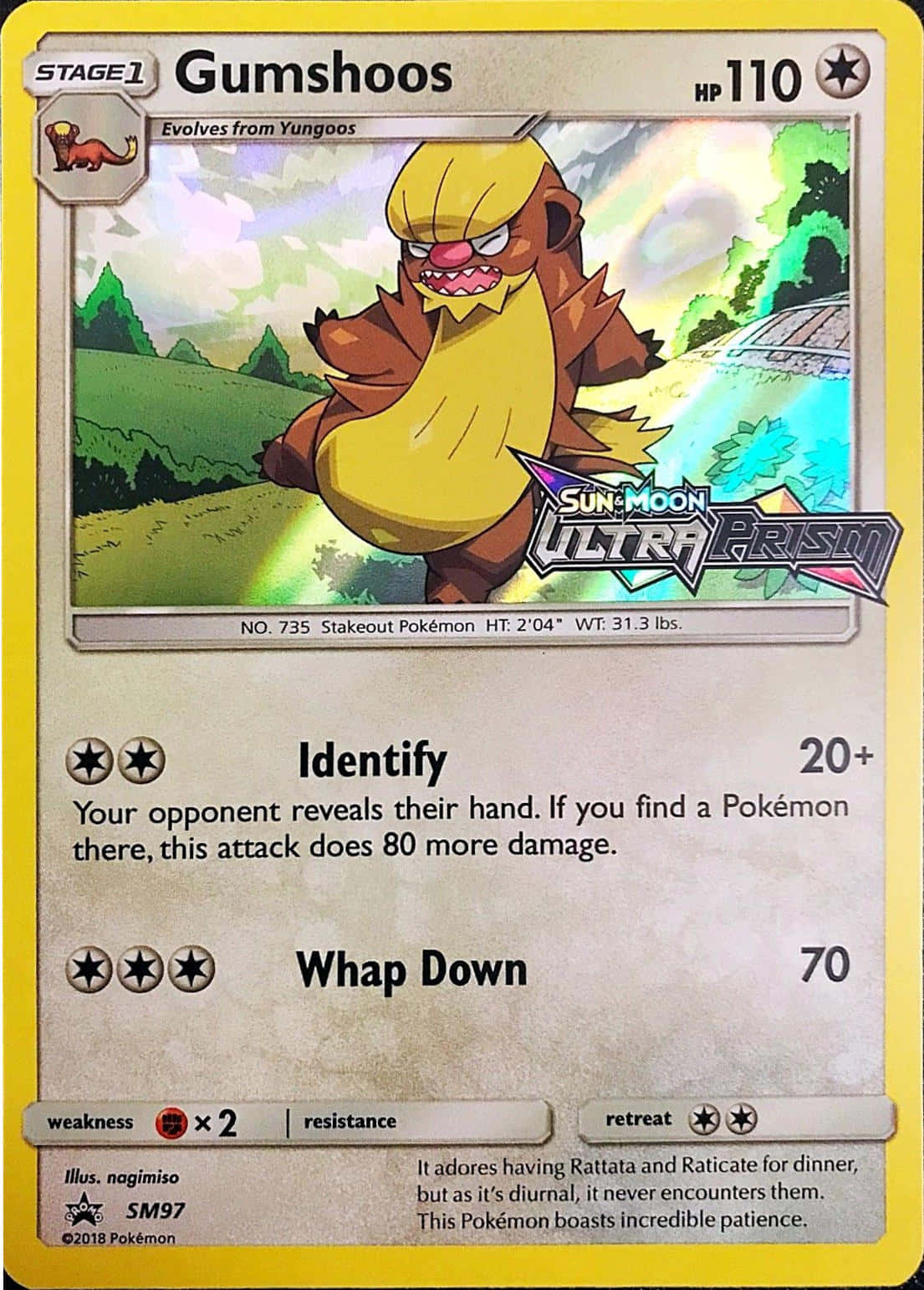 古茲肖斯「Whap Down 超級棱鏡」收藏卡 壁紙 — 一張卡通風格嘅Gumshoos Pokémon卡展示一隻黃色同啡色嘅生物，表情兇猛，企喺綠色森林景觀入面。