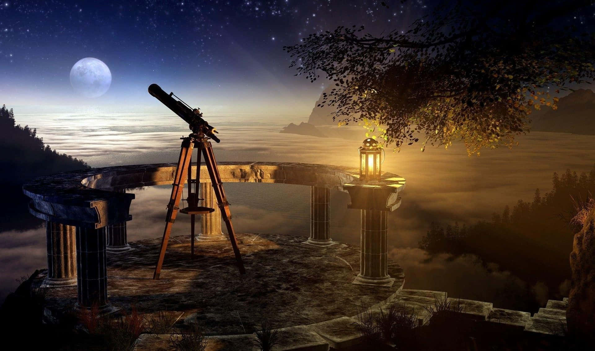 石頭平台上的望遠鏡，俯瞰星夜下霧氣瀰漫的山谷，有月亮