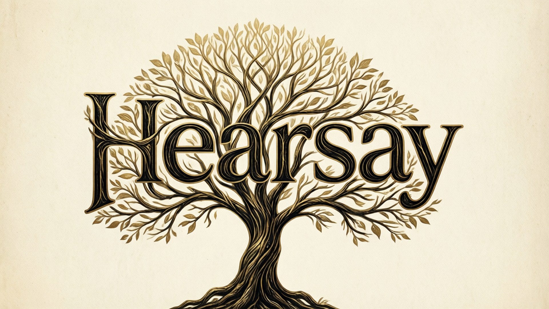 一棵風格化的樹木，帶有金色葉子，以優雅的字體拼寫出單詞「Hearsay」。
