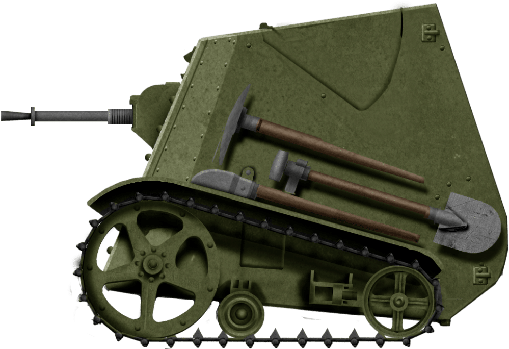 古董軍用坦克側面視圖 壁紙 — 一輛綠色裝甲車，裝有火炮，側面綁有錘子和鏟子等工具。