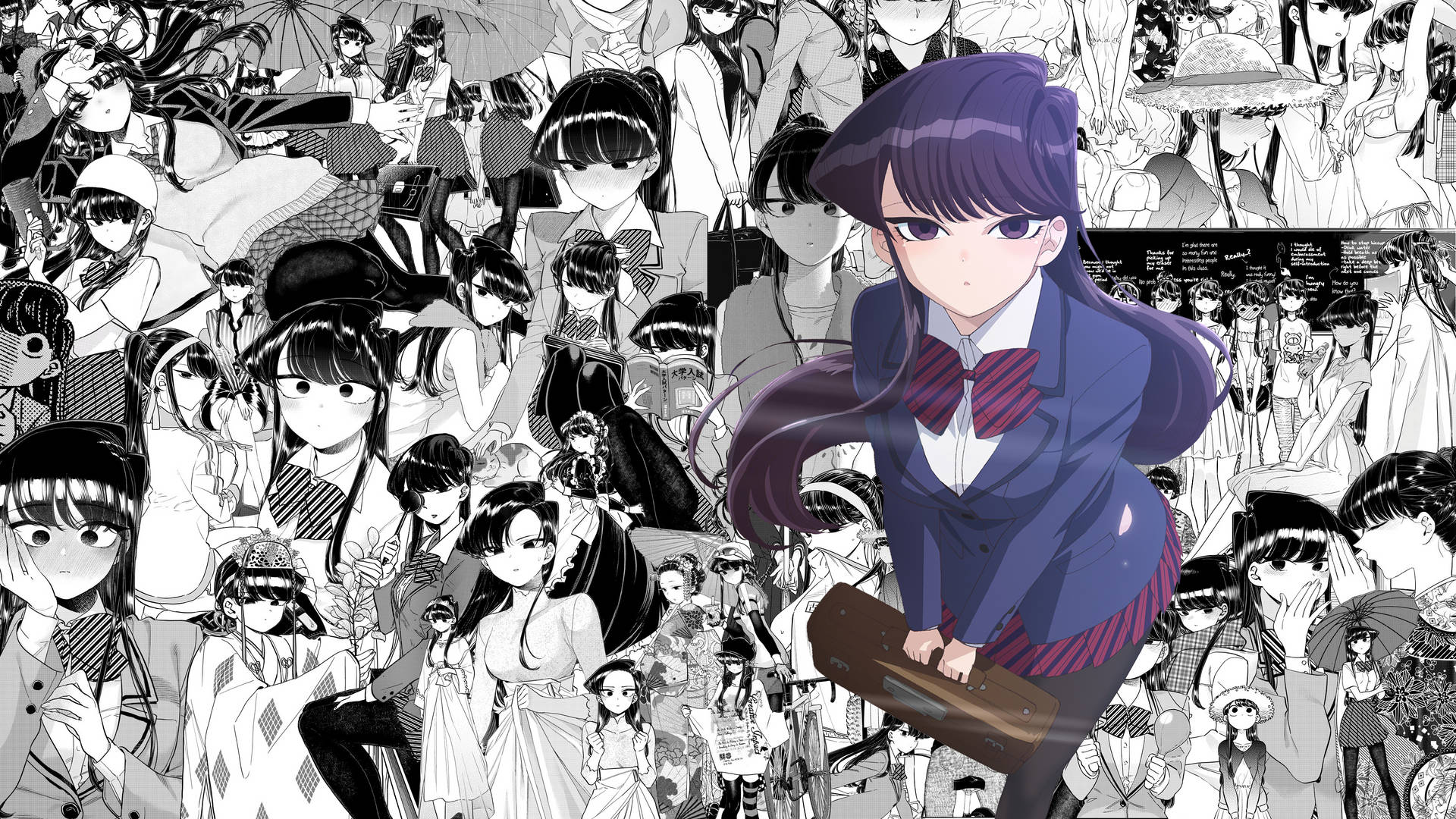 動漫女學生穿著校服，在漫畫角色拼貼前拿著書。