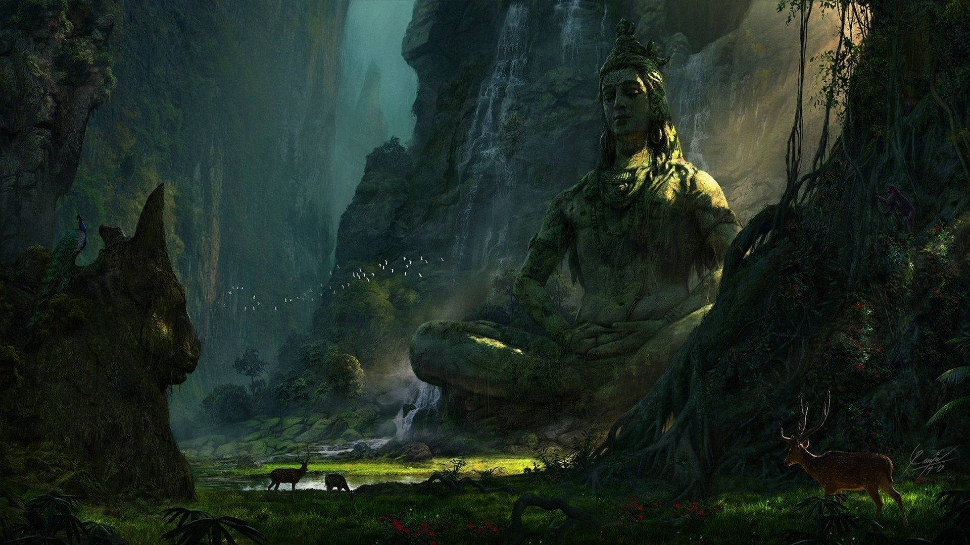 一座巨大的石像神明，寧靜地坐在茂密的叢林中，周圍有瀑布和鹿。