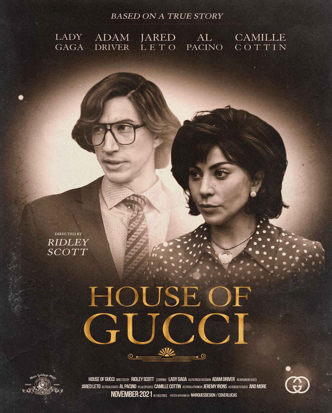 《古馳之家》電影海報，Lady Gaga 和 Adam Driver 穿著復古服裝。 — 古奇家族 壁紙